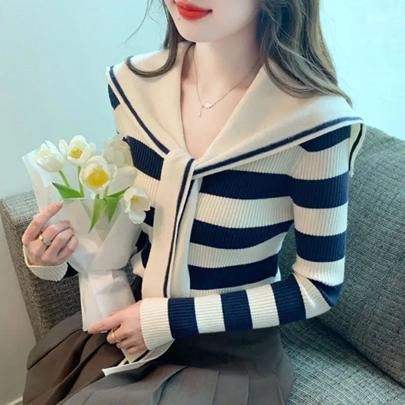 Sweter w paski z kołnierzem marynarskim, damski, jesienno-zimowy, nowy, koreański, patchworkowy, dzianinowy, wąski, dopasowany top Tee, odzież damska
