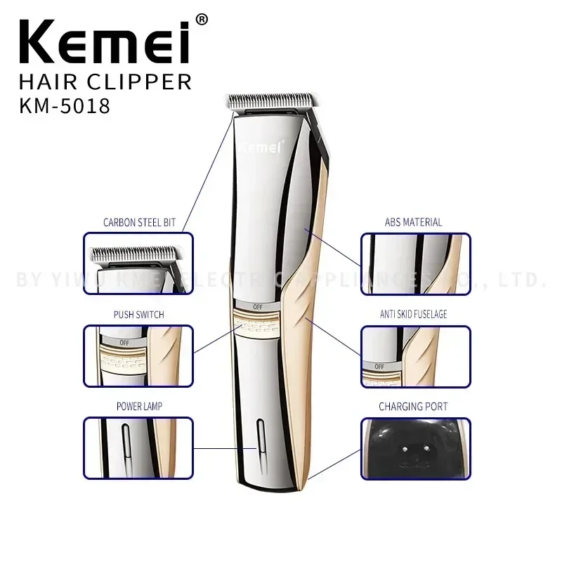 Kemei-KM-5018 Profissional Recarregável Aparador De Cabelo Elétrico para Homens, Máquina De Corte Lavável, Ferramentas De Estilo, Bateria, Empurrar, Cortar