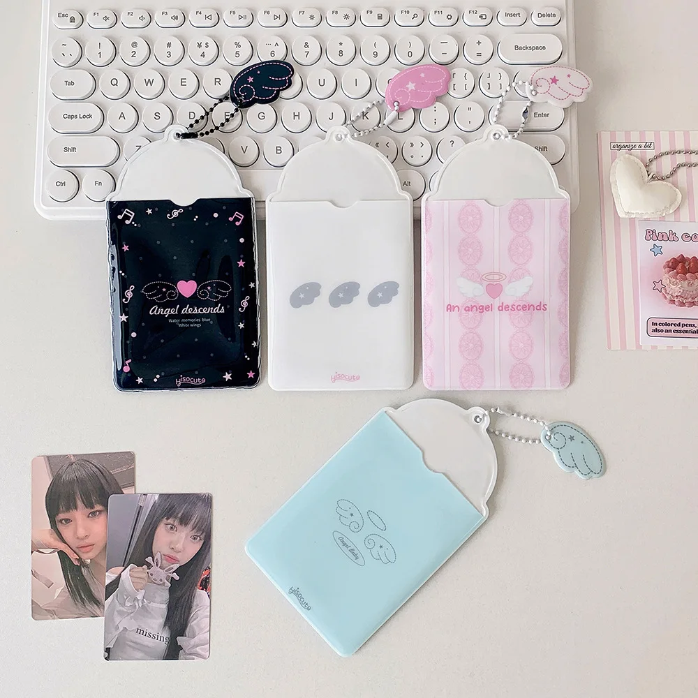 Cute Student 3 Inch Clear ID Card Holder with Angel Wings Charm Photo Badge Sleeve for Bus Card