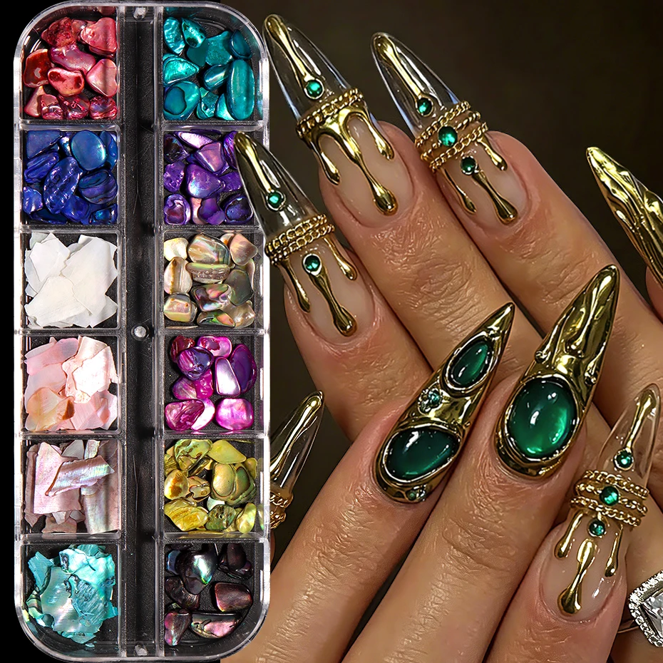 12er-Set Muschel-Nageldekorationen: Aurora-Muschelflocken, unregelmäßige 3D-Meerjungfrauen-Schillerstücke für Nagelkunst und Maniküre – Detail 5
