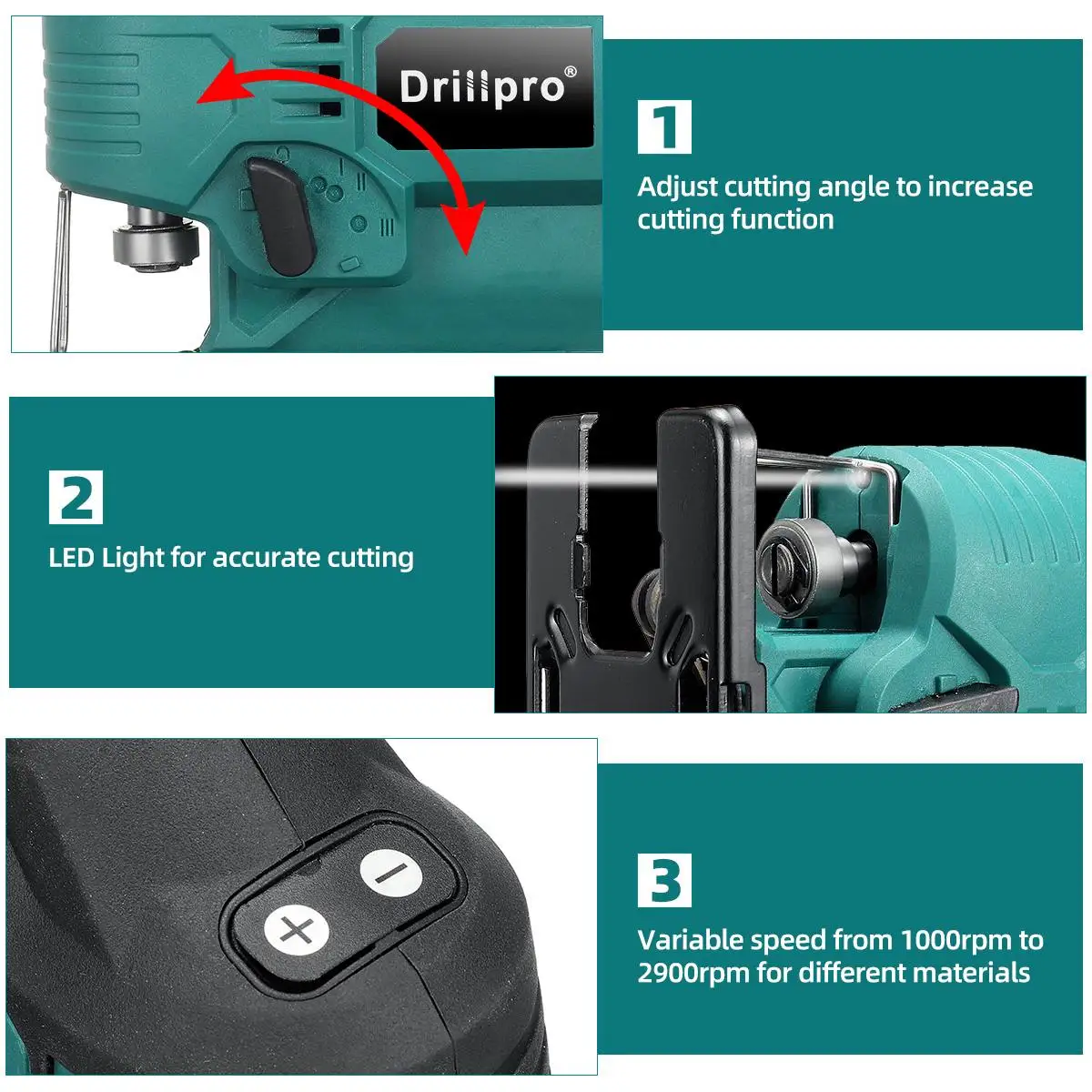 Drillpro-Scie sauteuse électrique sans balais, 2900 tr/min, 65mm, 18V, lame réglable, outil électrique LED pour batterie Makita 18V