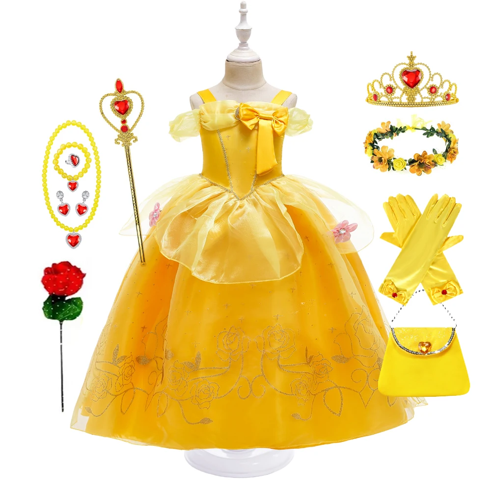 Belle Kostüm Mädchen Dress Up Floral Kinder Party Prinzessin Kostüm Kinder Die Schöne und Das Biest Halloween Karneval Outfit Kleidung