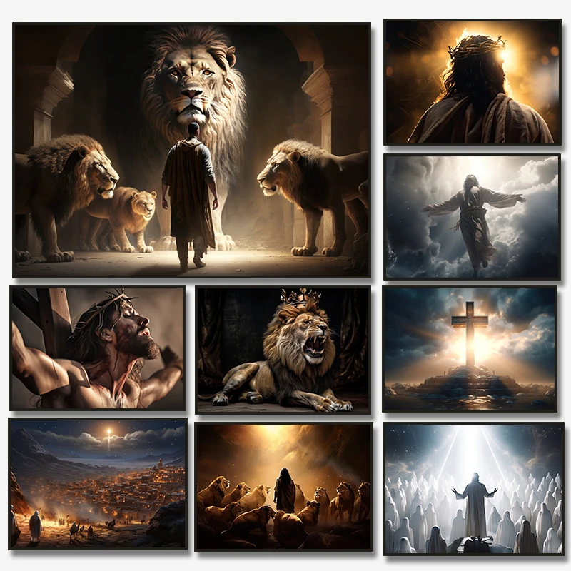 Jesus Bible Lion Poster The Cross Birth of Jesus Canvas Painting Print Wall Art Picture for Living Room Home Decor Cuadros