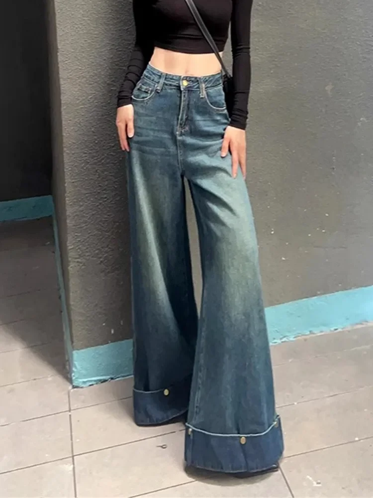 

GUUZYUVIZ Retro Elastic Wide Leg Jeans for Women High Waisted Casual Washed Purfle Mopping Denim Baggy Pants