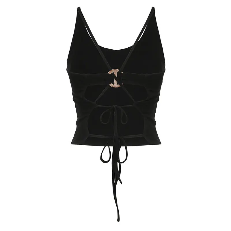 Camisole Lace Up Backless Cropped Sleeveless Sexy Skinny Hollow Out Tank Tops Women Summer Gothic Black Y2k Harajuku Camisole