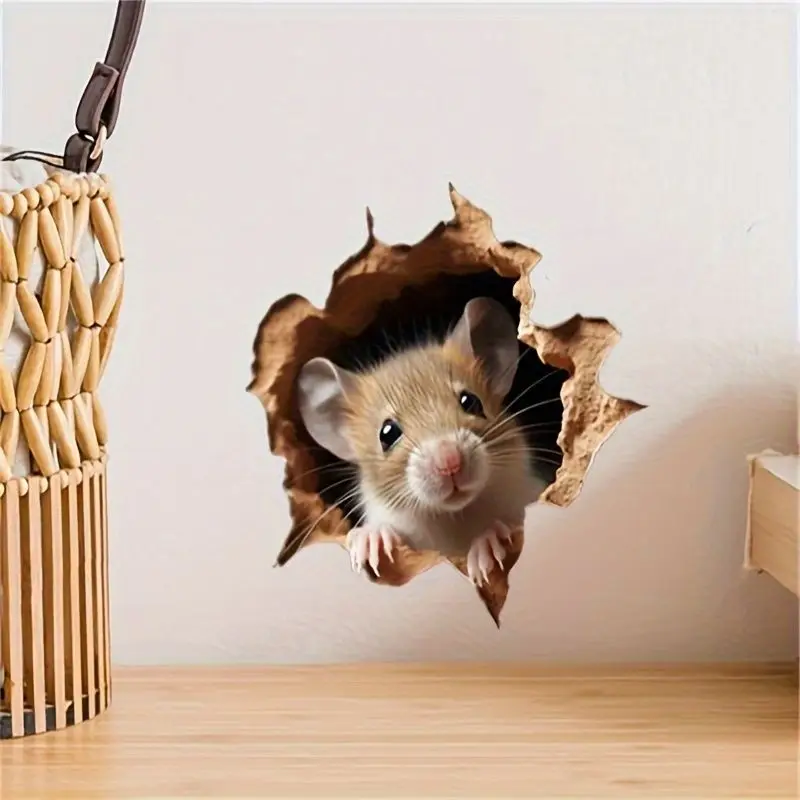 VIKAMA Real Probe Mouse Wall Breaking Sticker, Self-Adhesive Creative 3D Decal for Living Room Entrance Room Decor