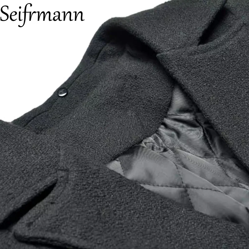Seifrmann 2026 Spring Women's New Fashionable Woolen Collar Long Sleeve Double breasted Sparkling frenum Waist cinching coat