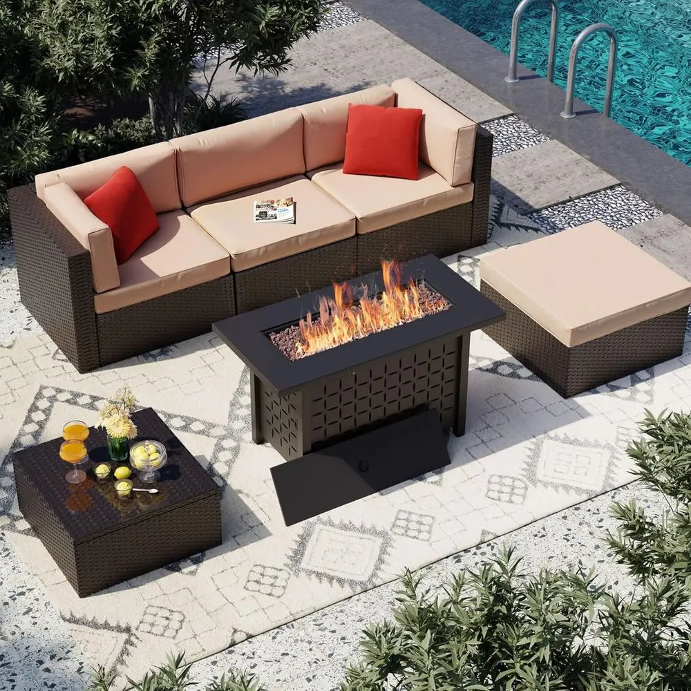 

6-Piece Rattan Patio Furniture Set with Fire Pit Table and Coffee Table