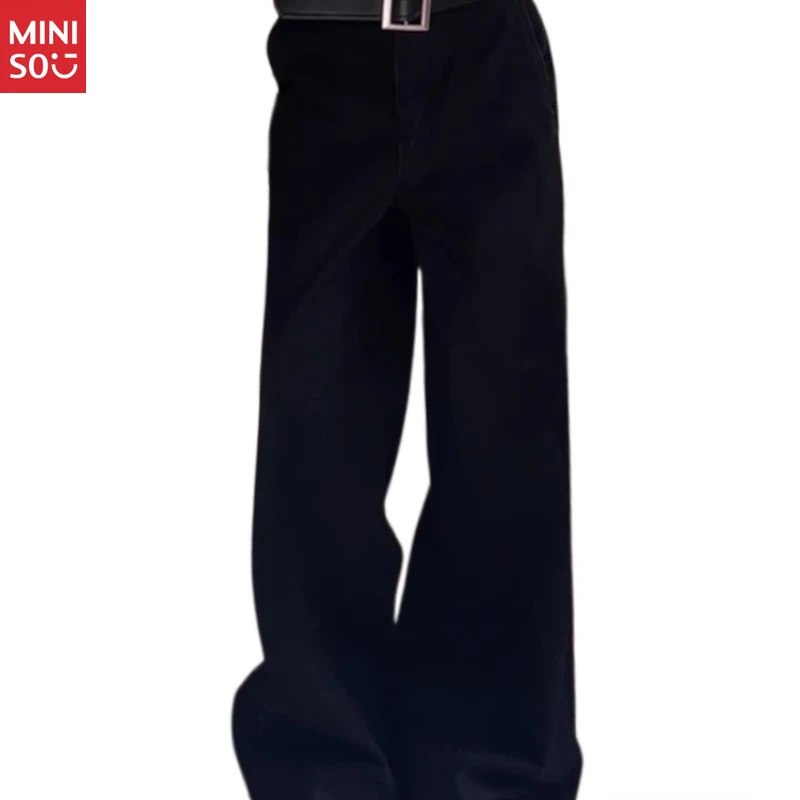 

Черные широкие джинсы Miniso больших размеров, джинсовая часть с высокой талией 2025 года, американские уличные брюки
