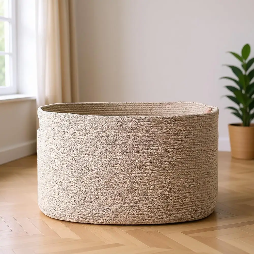 

Large Storage Basket for Living Room, Toy & Blanket Organization, 25x16x16 Woven Cotton Rope, Brown
