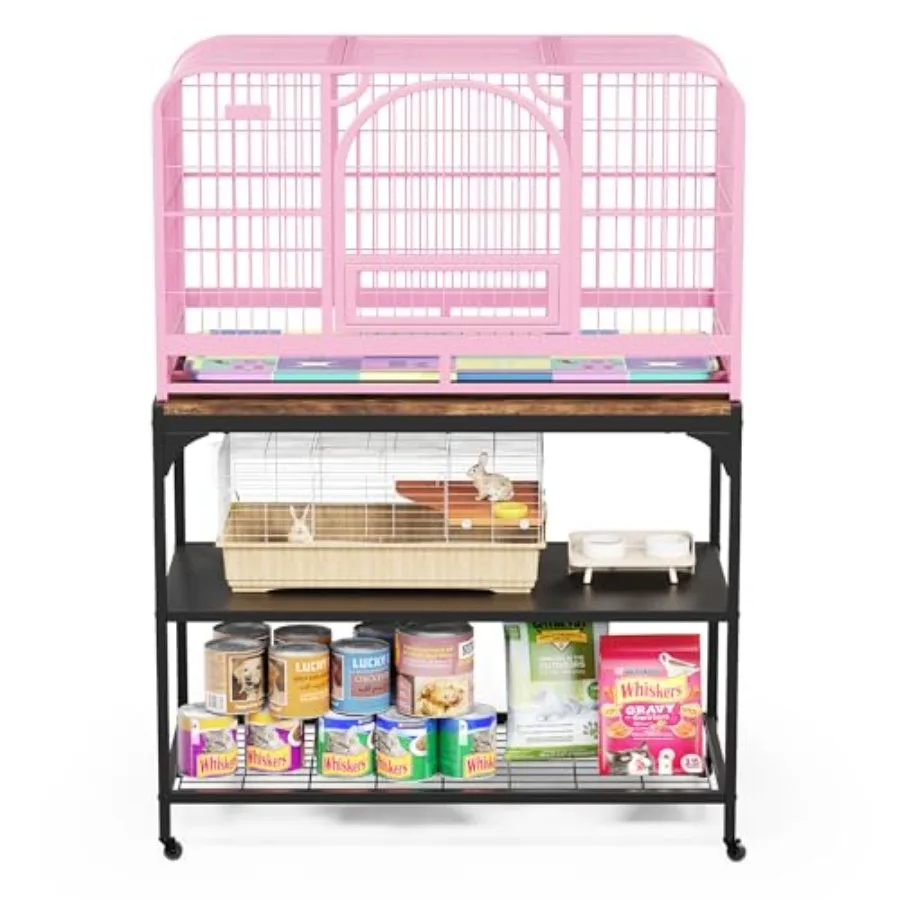 

3-Tier Mobile Small Animal Cage Stand with Wood Tabletop Lockable Caster Wheels Storage Shelves for Hamster Rabbit Guinea Pig F
