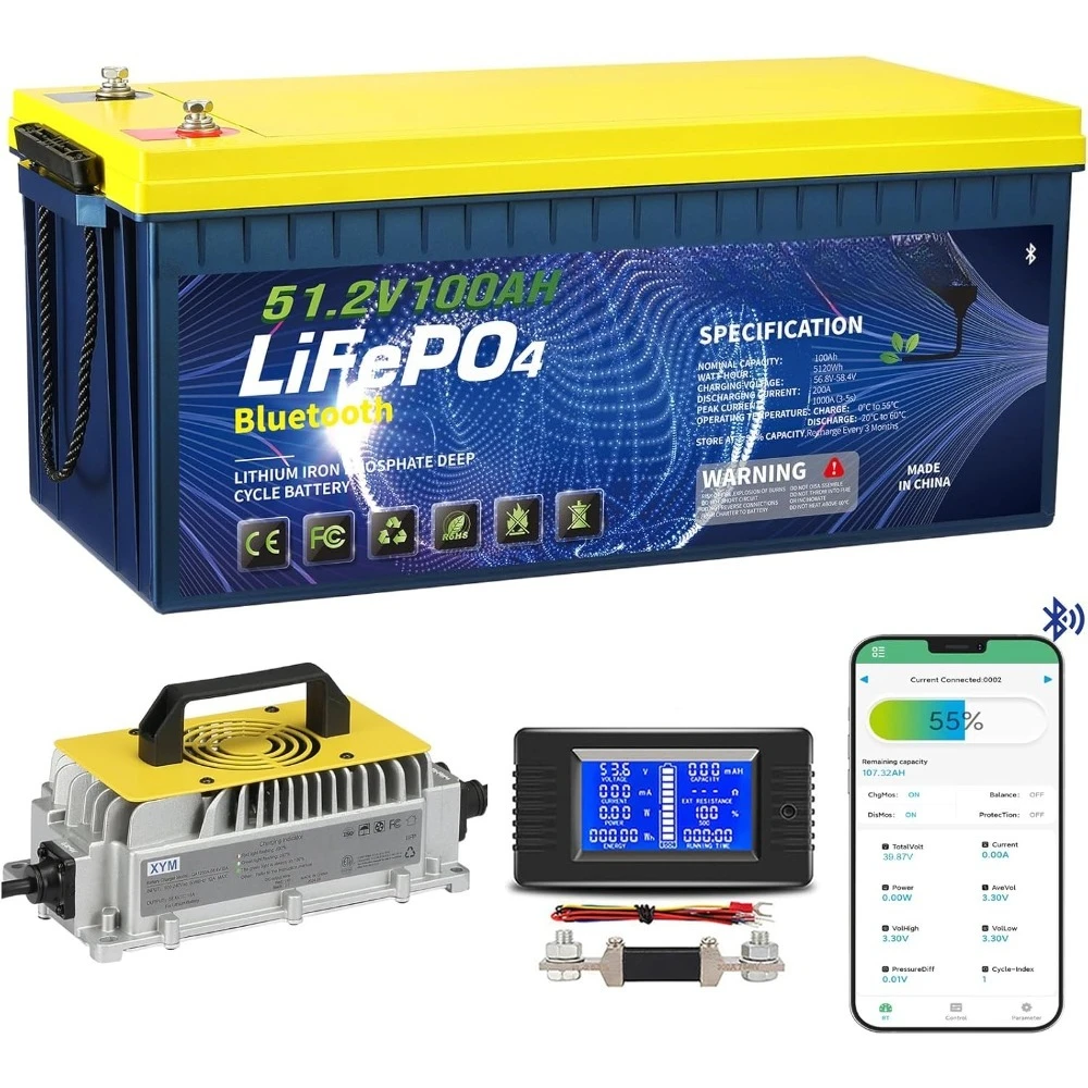 

48V 100Ah LiFePO4 Golf Cart Battery with 200A BMS & LCD, 10.24kW Output, Includes 18A Charger for Golf Carts