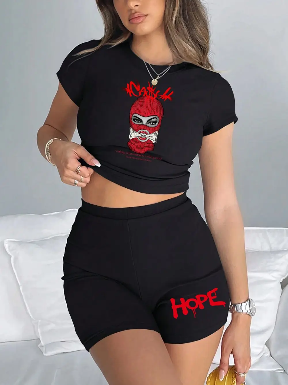 Summer Women Slim-fit T-Shirts & Pants A Lady Wearing Mask Prints Crop Tops 2 Pieces Set Fashion High Elastic Soft Streetwear