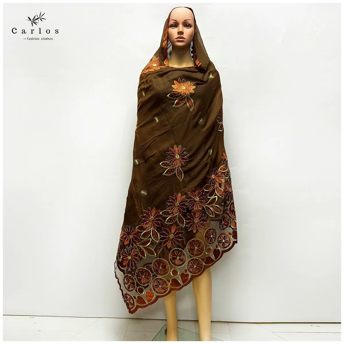 Latest Design Hot Sale Muslim Fashion African Women Dubai Scarf Big Size Embroidery Cotton Splicing With Net Women Hijab Scarf