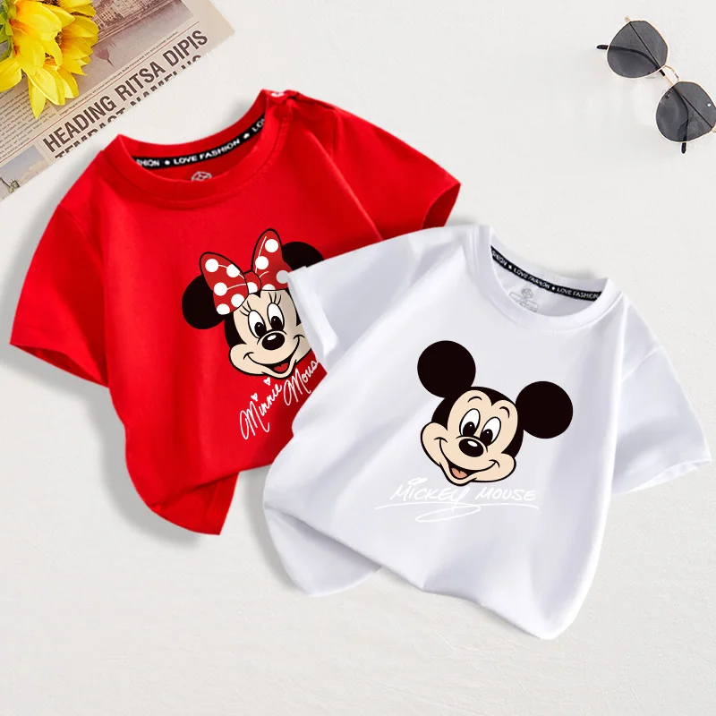 ديزني حقيقية 2026 جديد عادية الكرتون ديزني ميكي ميني طباعة بنين بنات حجم كبير موضة قصيرة الأكمام الاطفال تي شيرت رياضي