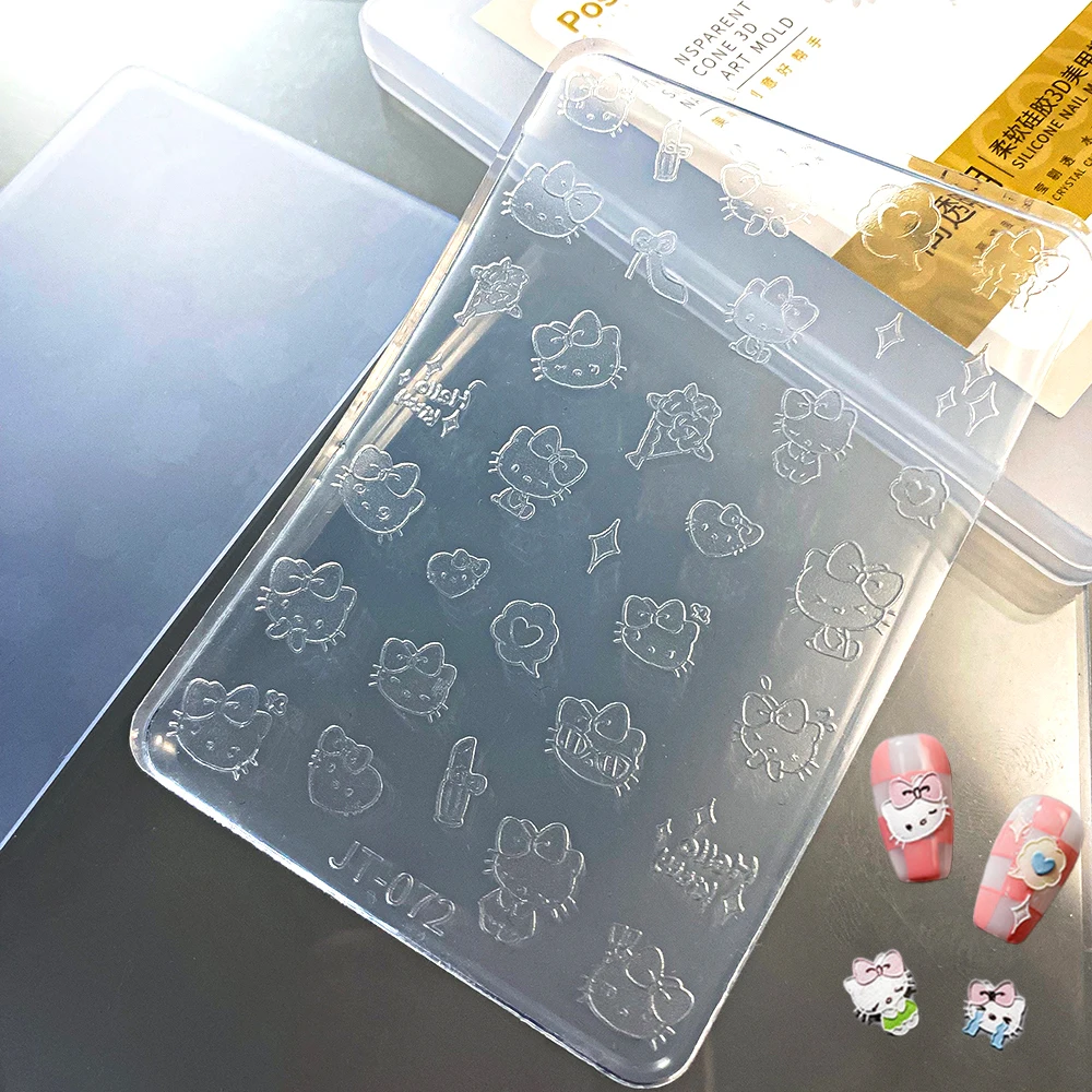3D Cartoon Hello Kitty Nail Carving Mold Sticker Silicone Relief Cute Bowknot Kitty Cat Nails Mould for DIY Nail Art Charm Decal