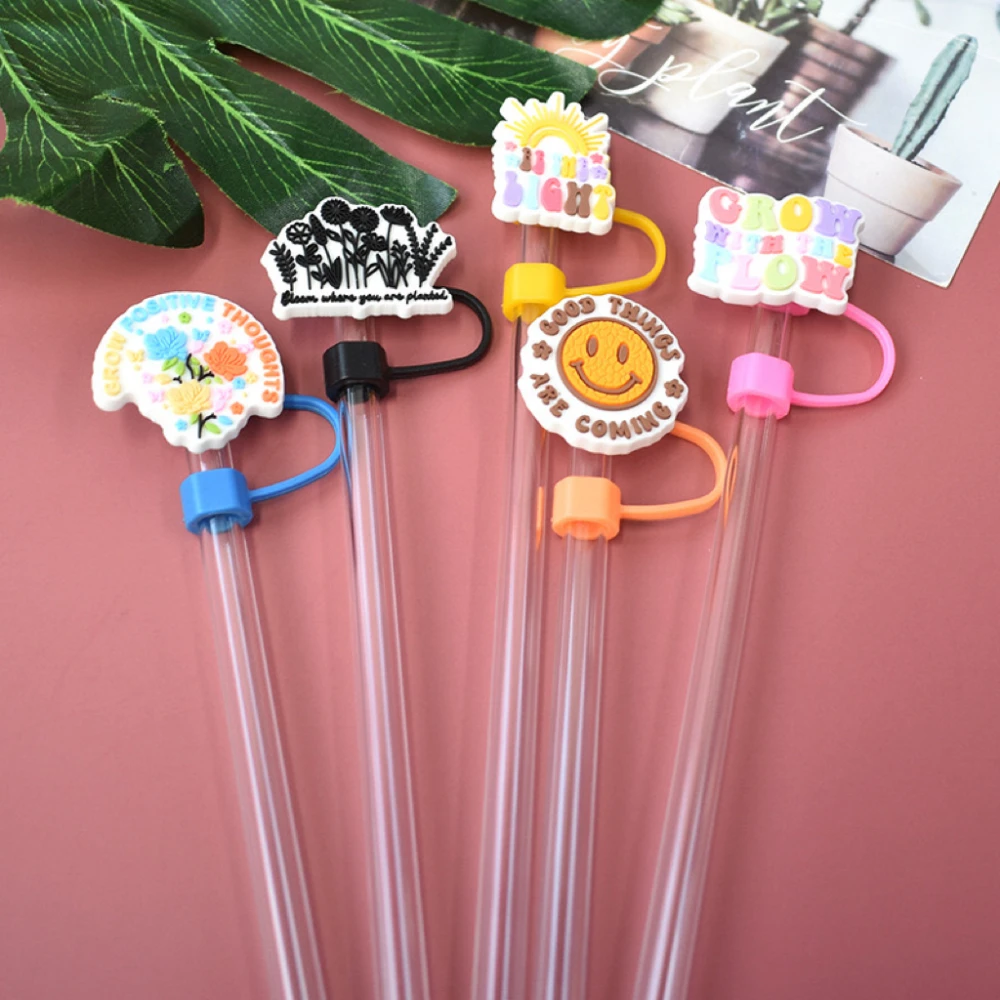 English phrase series Straw Cover Cap 10MM Drink Straw Plug Reusable Splash Proof Drinking Fit Cup Straw Cap Charms Accessories