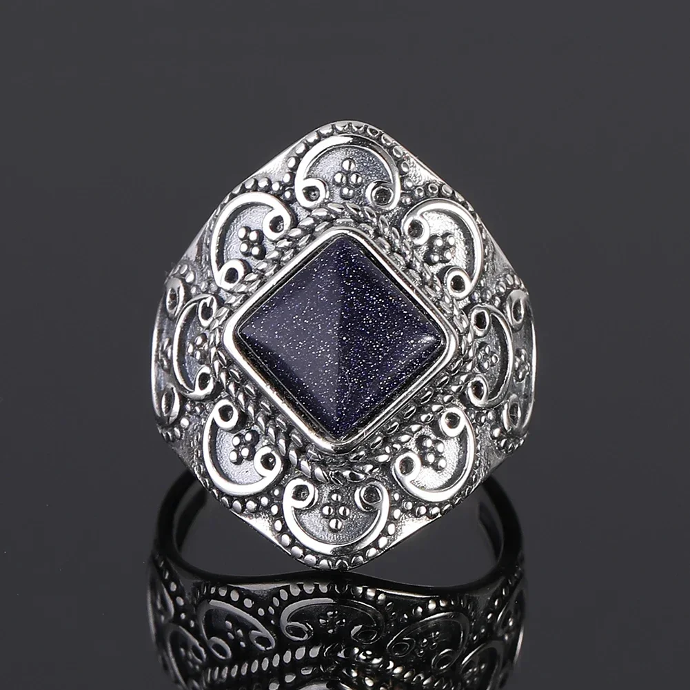 Retro Generous Natural Blue Sandstone Gemstone Rings Anniversary Gift Fine Jewelry S925 Sterling Silver Rings for Women