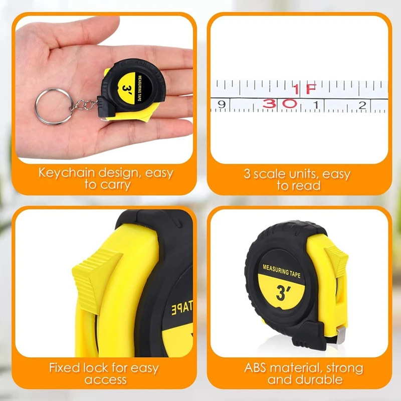 50 Piece Mini Measuring Tape Retractable Key Chain Tape Black & Yellow Plastic Measure Easy Read Measuring Tape Bulk Set