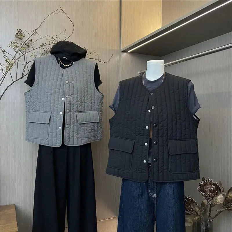 Women's 2026 Autumn Winter Loose Round Neck Lightweight Quilted Padded Vest Outerwear Thick Warm Elegant Chic Coquette Trendy