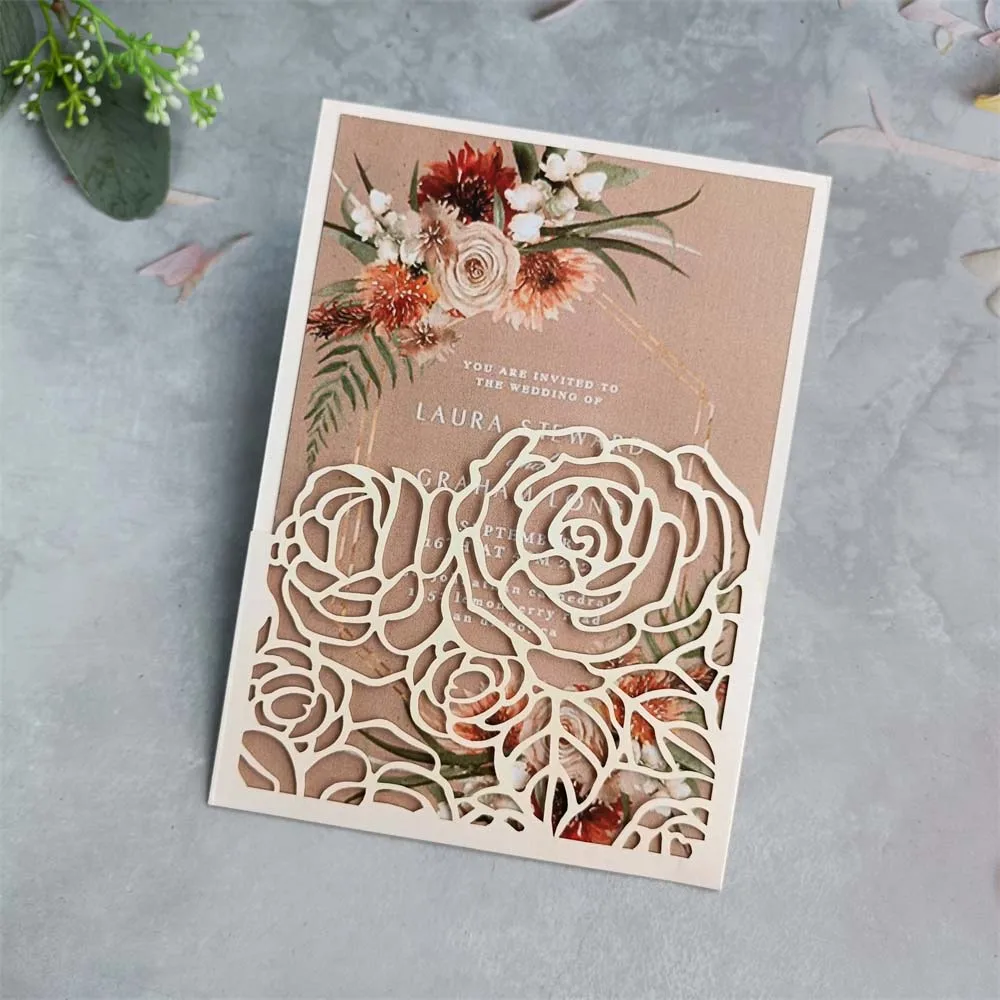 Rose Laser Cut Invitation Card Pocket Envelop Personalize Printing 50 Sets For Wedding Birthday Anniversary Holiday Party