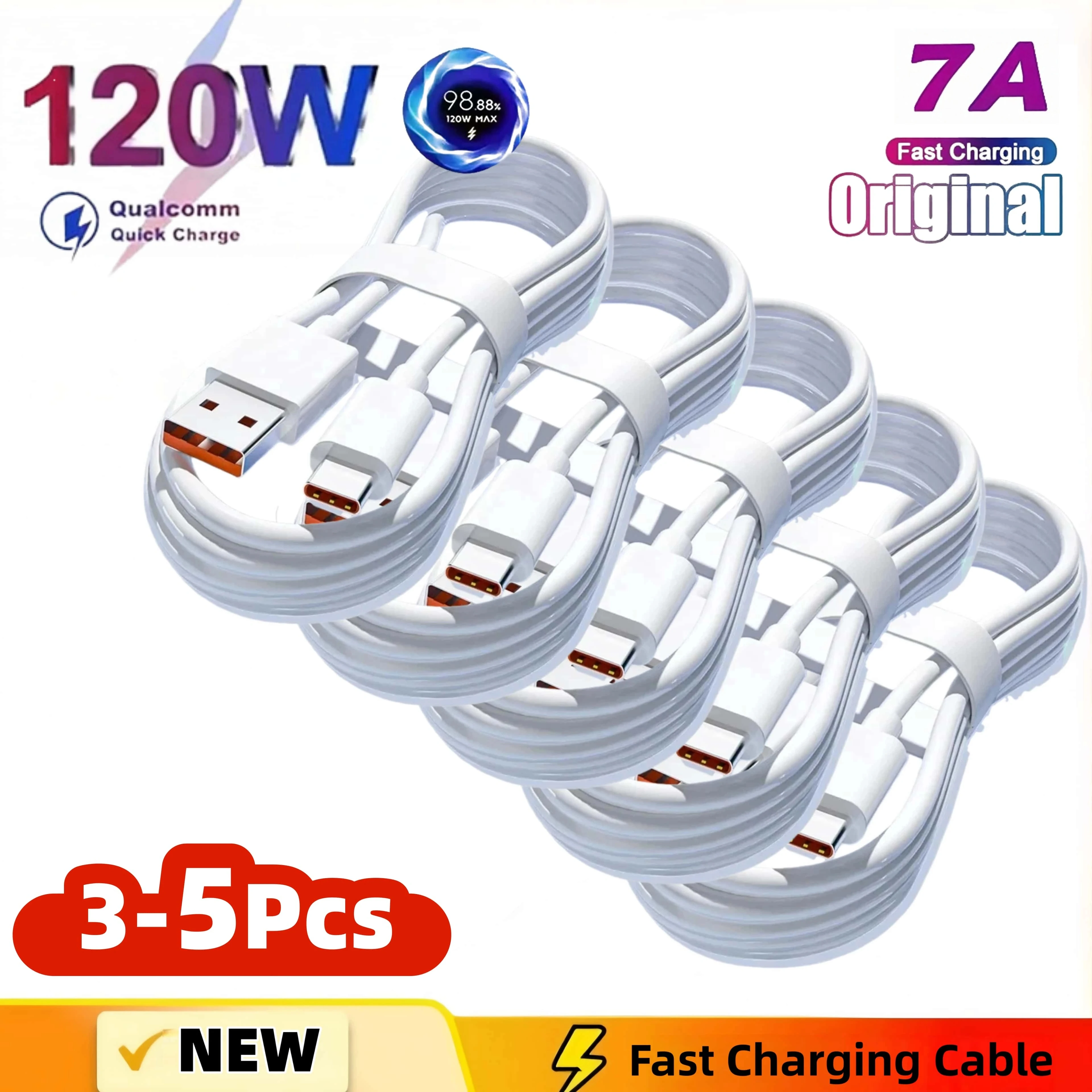6A 120W 3/5/Pcs USB Type C Data Cable Fast Charging Cable for Huawei Xiaomi Samsung POCO Oneplus, Realme, Android Models