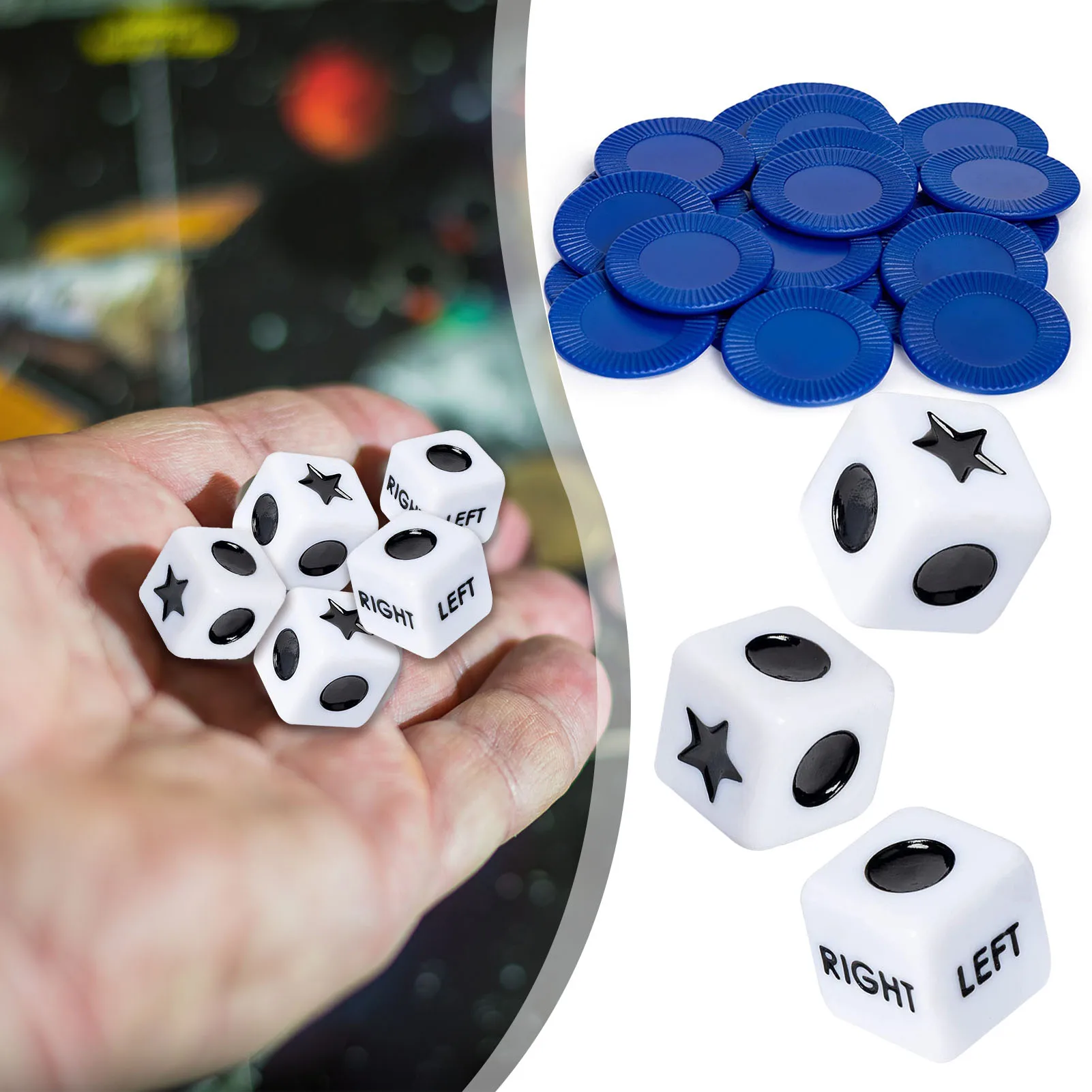 Gioco di dadi centrale sinistro destro interessante dadi da gioco con centro sinistro destro con 3 dadi e 24 chip per riunioni di giochi per bere Club