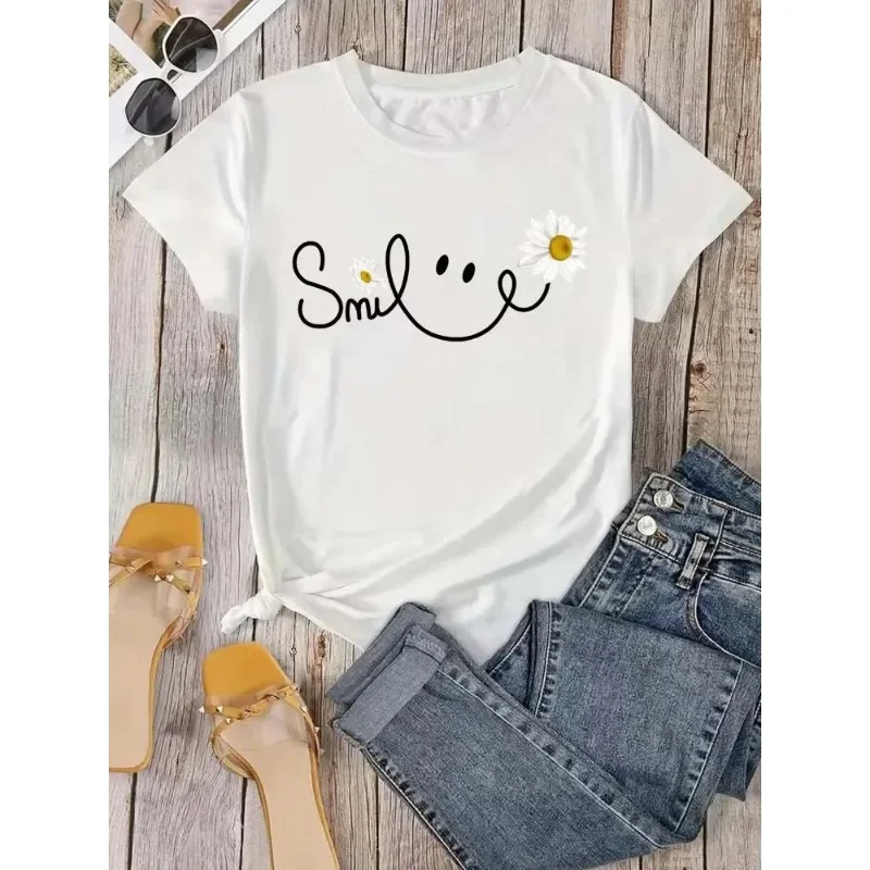 2026 New Summer T-shirt with Letters and Daisy Smile T-shirt for Men and Women Pure Cotton Round Neck T-shirt for Women