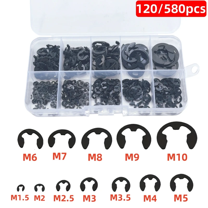 120/580-Piece Carbon Steel E-Clamp Washer Combo Kit Circlip Retaining Ring for Shaft Fasteners