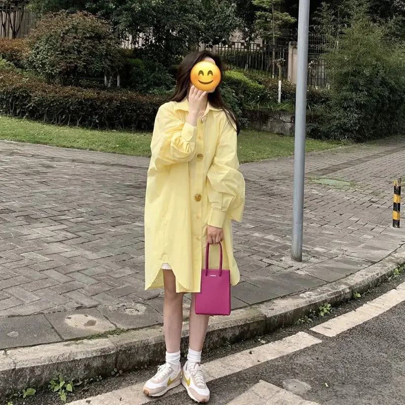 Spring Autumn 2025 New Casual Korean Solid Color Turn-down Collar Shirt Dress Femme Simplicity Buttons Lantern Sleeve Dresses