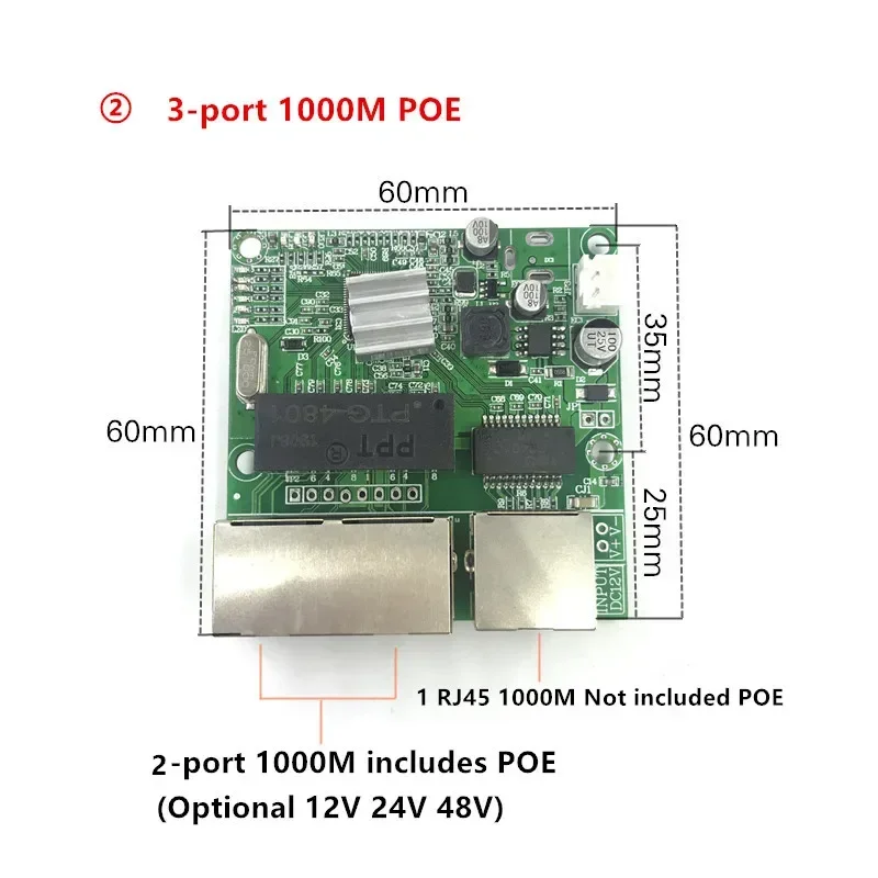 Le module de commutation Gigabit à 3 ports est largement utilisé dans la ligne LED, 5 ports, 10 m, 100/1000 m, port de contact, mini module de commutation, carte mère PCBA