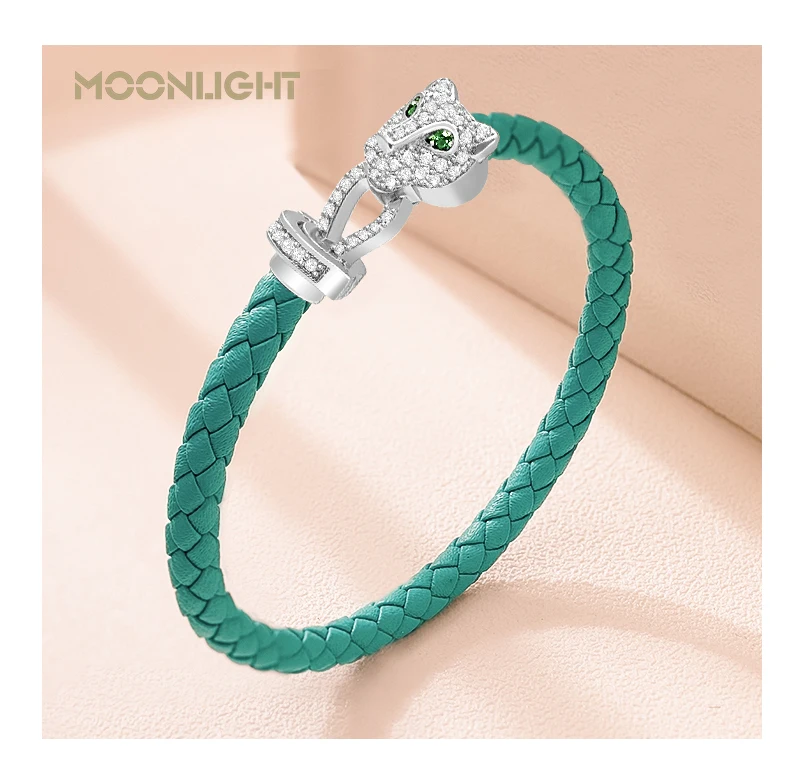 MOONLIGHT Classic Design Exquisite Cheetah Zircon Bracelet for Women Braided Leather Bracelet Quality Banquet Couples Gift