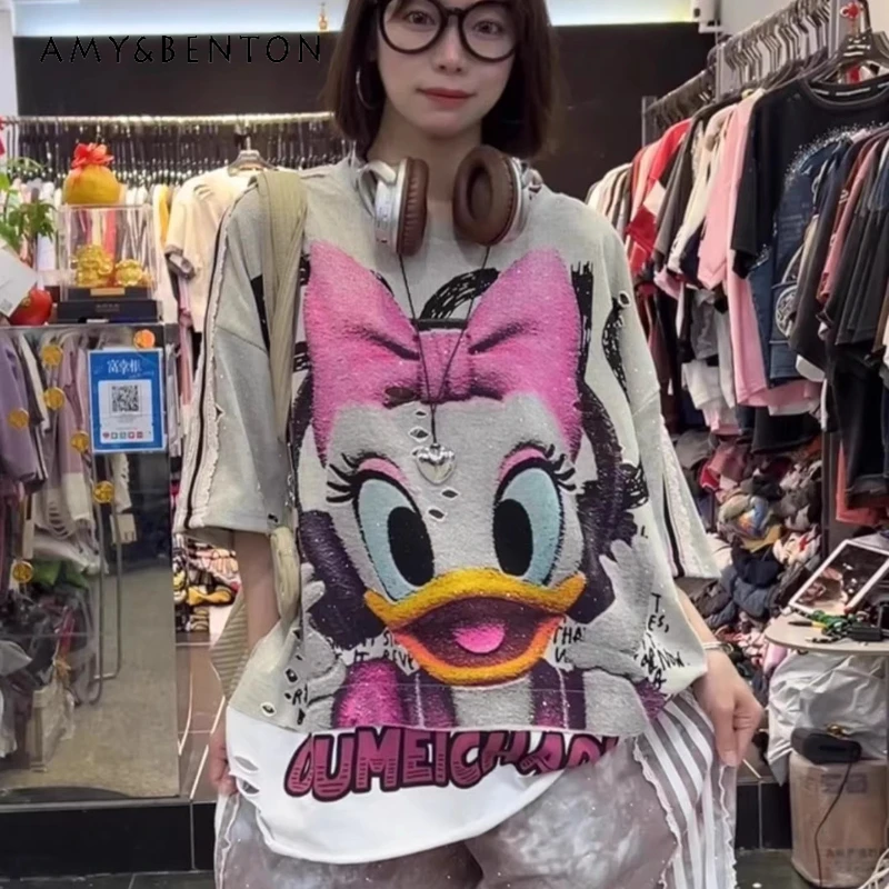 

Trendy Brand Rhinestone Patchwork Cartoon Distressed Short Sleeved T-shirt Women's Sweet Loose Fit Summer New Top Ins Style Tees