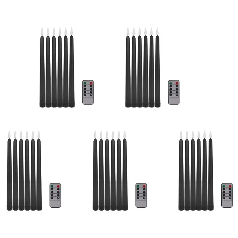 30X Remote Halloween Taper Candles,Black Color Flameless Fake Pillar Candles,Battery Candles With Contain