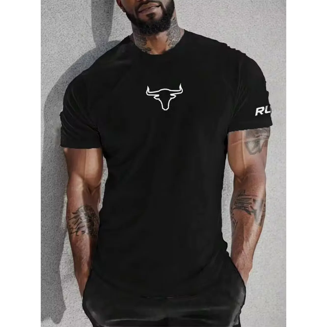 Manfinity Fitness Boyfriend Style Men's Letter & Bull Head Sporty Printed Short Sleeve T-Shirt Workout Tops Basic T Shirt Workout Clothes Running Tees