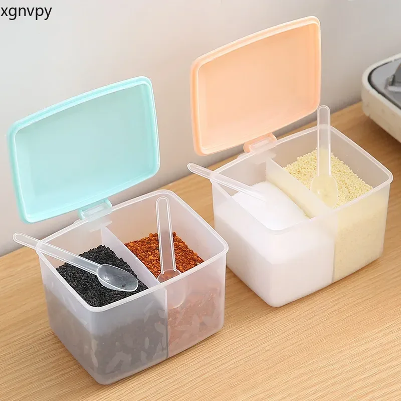 xgnvpy 1PC Kitchen Seasoning Box Plastic Salt Pepper Shaker Jar with Spoon Spice Container Storage