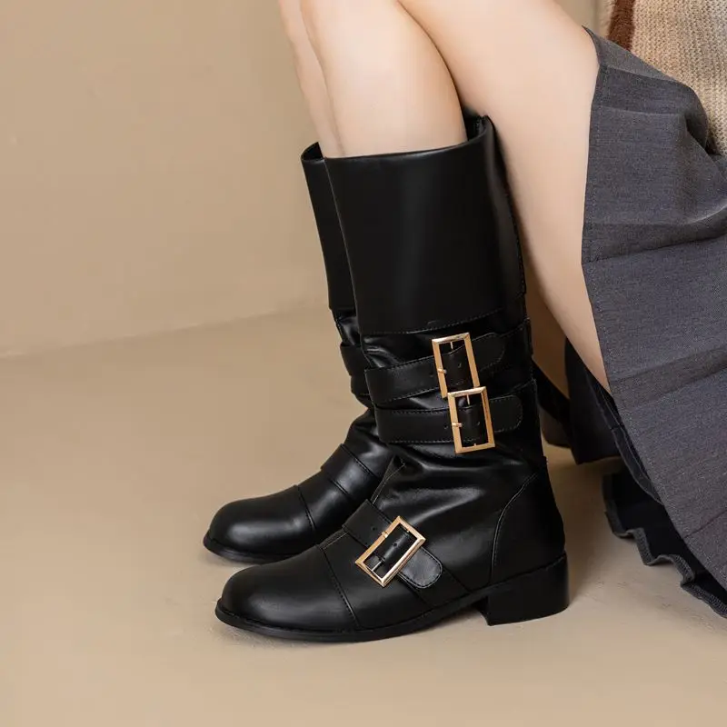 REAVE CAT Classic Women Riding Boots Round Toe Thick Heels Zipper Belt Buckle Big Size 46 47 48 Casual Retro Mid Calf Daily Bota image 5