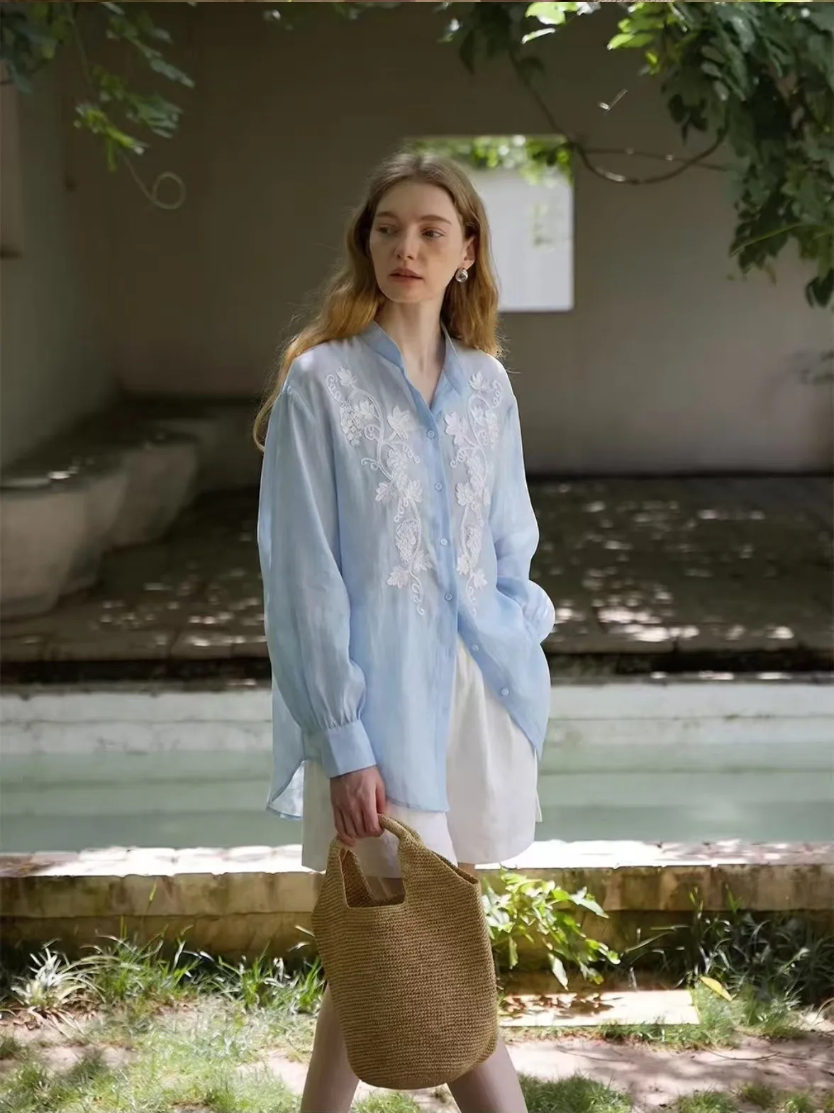 

Red Popularity Order! Women's Linen Shirt Heavy Embroidery Loose Slimming Sun Protection Top French Style round Neck Long Sleeve