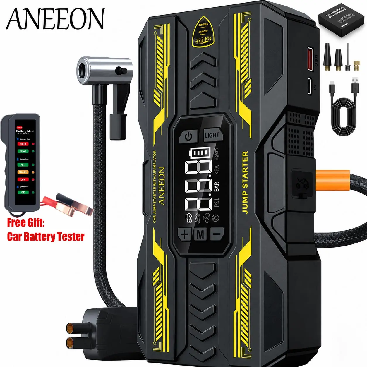 Image of 8000mAh Tragbarer Auto-Notfall-Starthilfe mit Reifenfüllfunktion, Tragbarer Batterie-Booster-Pack, mit Notfallstart, Reifenfüllung, USB-Ein-/Ausgang, LED-Beleuchtung, LCD-Digitalanzeige -