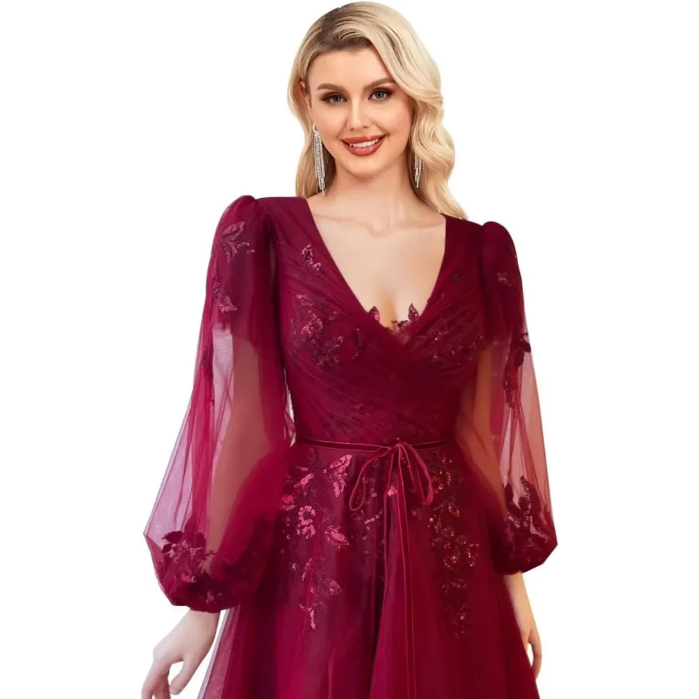 Wakuta-Robe de Bal à Manches sulfet Col en V pour Femme, Tenue de Soirée Formelle en Tulle à Paillettes