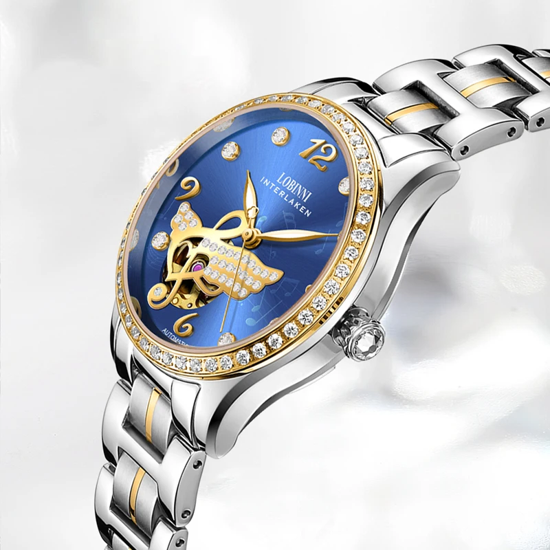 LOBINNI, relojes mecánicos automáticos de lujo para mujer, reloj con alas de ajuste de diamantes, reloj esqueleto musical para mujer, reloj con movimiento Miyota