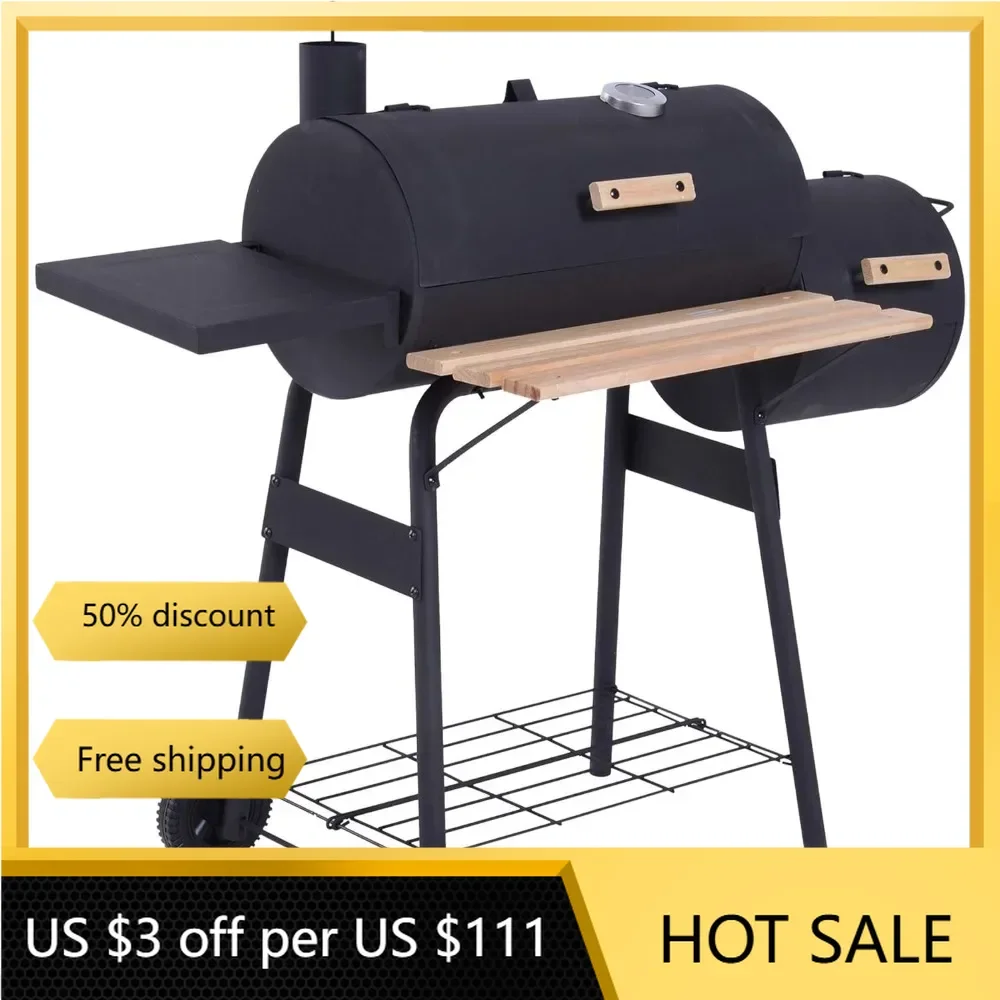 

48'' Steel Portable Backyard Charcoal Grill and Offset Smoker Combo with Wheels Plenty of Storage Space for Outdoor Garden Patio