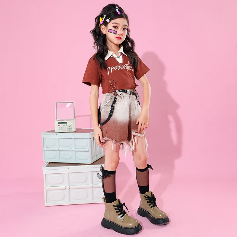 Girls Clothing Sets Summer Print T-shirt Crop Top Denim Shorts Kids Street Wear Suit Teen Hip Hop Outfits 4 6 8 9 10 12 14 Years