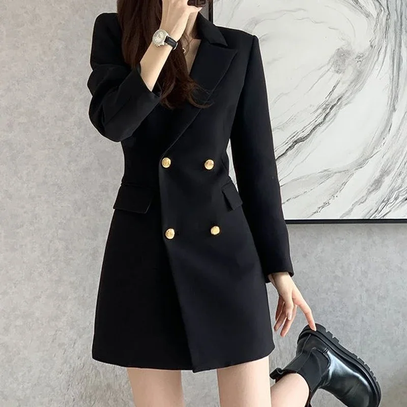 Black Formal Dress Women Spring Autumn New Elegant Slim-fit Double Breasted Long Sleeve Mini Suit Dresses