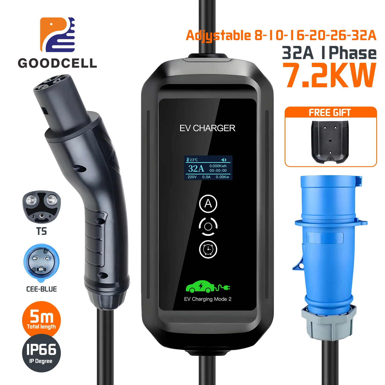

GOODCELL NACS EV Charger 32A 7.2KW - 5m Cable, 1Phase EVSE Wallbox, Portable Design & NACS Plug