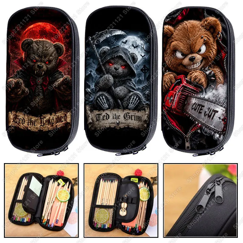 Horror Vampire Grim Bear Doll Print Cosmetic Case Pencil Bags Gothic Stationery Bags Dark Fantasy Pencil Box for School Supplies