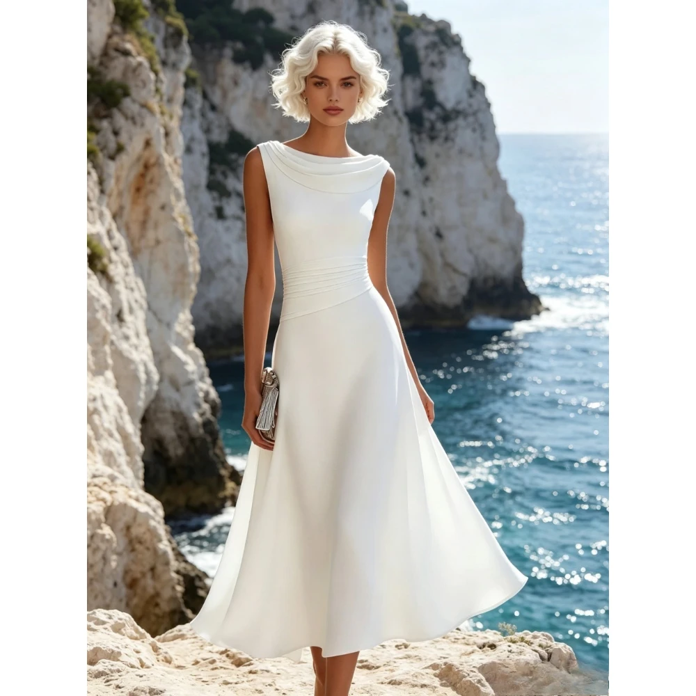 Customized Boat Neck Chiffon A-line Wedding Dress Suitable for Parties 2026 Elegant U-shaped Backless Short Sleeved Bridal Gown