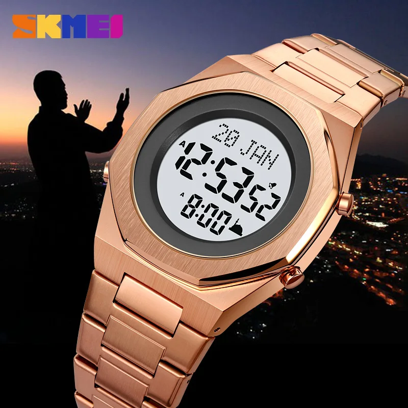 SKMEI Muslim Digital Watchfor Man Qibla Name Display Philgrimage Time Reminder Luxury Stainless Steel Fashion Men\'s Wristwatch