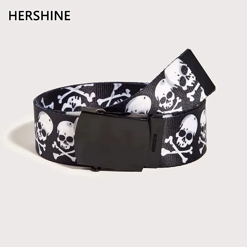 HERSHINE 1-piece men's fashion skull print adjustable belt, Y2K unisex gothic punk rock hip-hop accessory，spring，summer