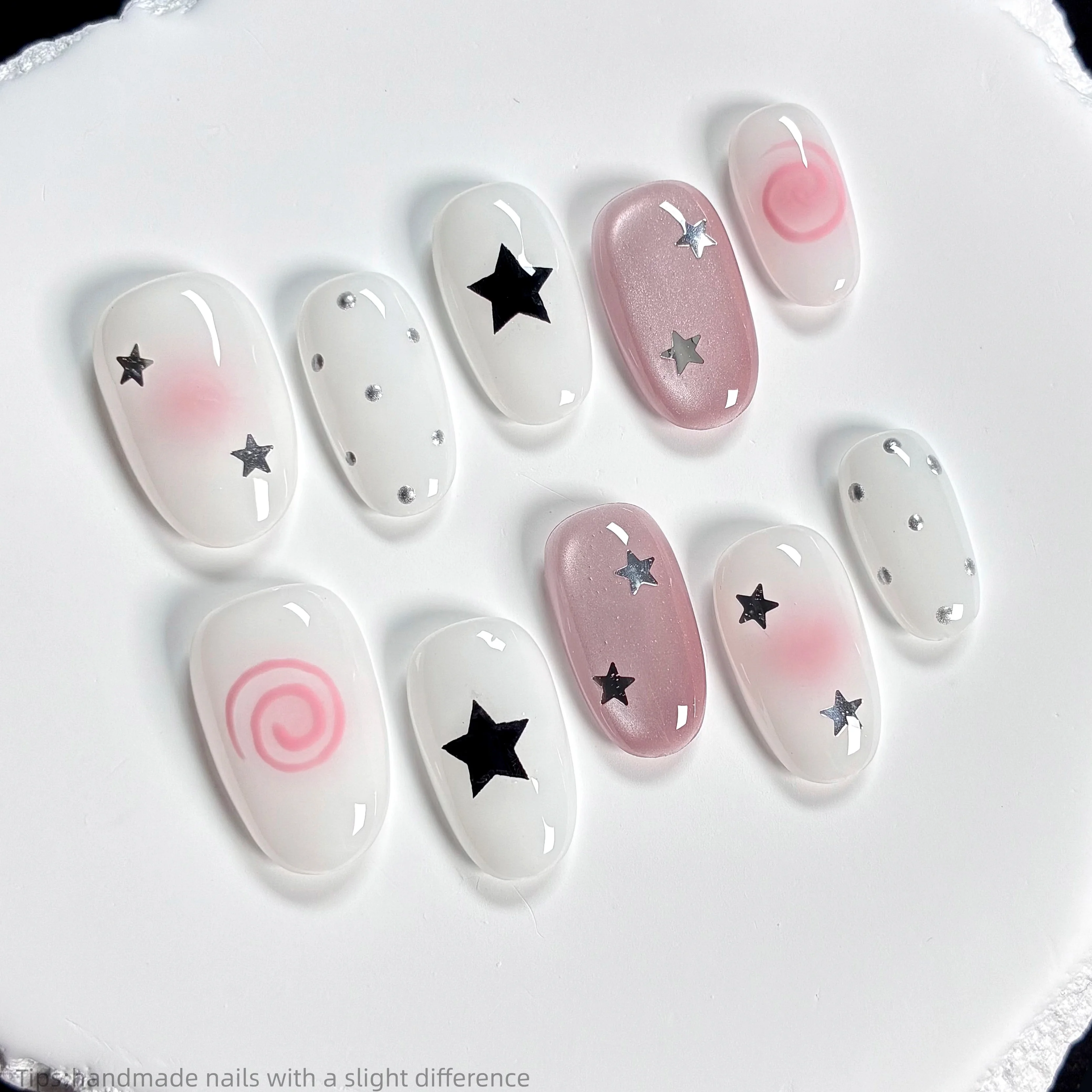 

10pcs handmade pink press on nails short Oval nail art cat eye fake nails, sweet and cool pink bow, suitable for women to use